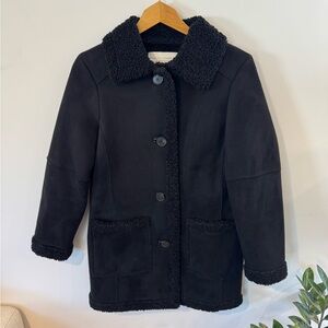 Zara Black Suede Contrast Walking Coat, Faux Shearling Lining, Sz XS